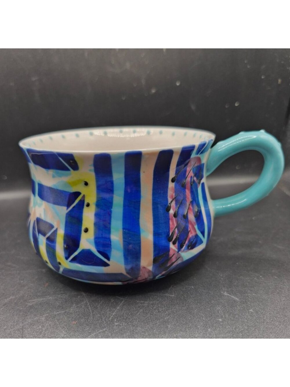 Anthropologie Kinetic Stencil Hand-Painted Ceramic Mug Blue Yellow Abstract